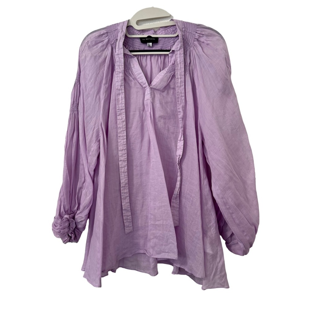 Lee Mathews Lavender Purple Linen Shirred Blouse Lagenlook Oversized Women’s M